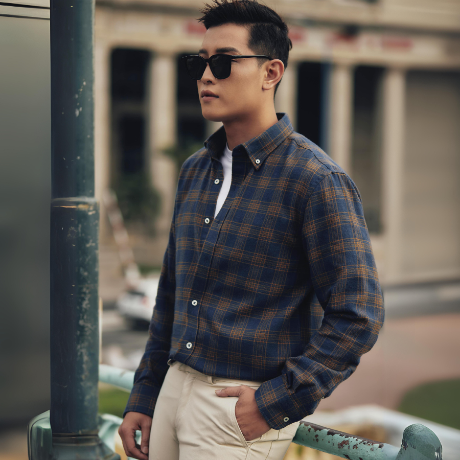 1C729K Áo Sơ Mi Nam Tay Dài Thái Tuấn Họa Tiết Navy Yellow