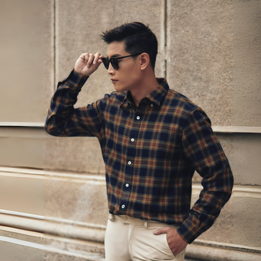 1C732K Áo Sơ Mi Nam Tay Dài Thái Tuấn Họa Tiết Navy Yellow