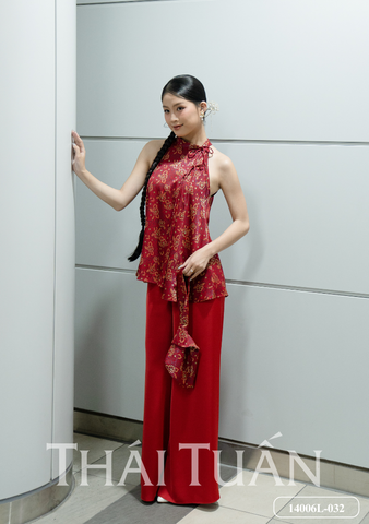14006L032 Set Áo Yếm Hoa May Sẵn Màu Đỏ