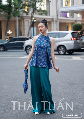 14006L014 Set Áo Yếm Hoa May Sẵn Màu Xanh
