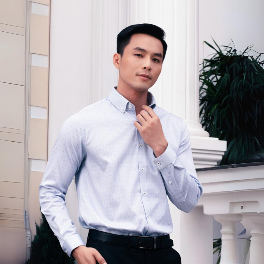 1C698 Áo Sơ Mi Nam Tay Dài Họa Tiết Chấm Bi Màu Xanh