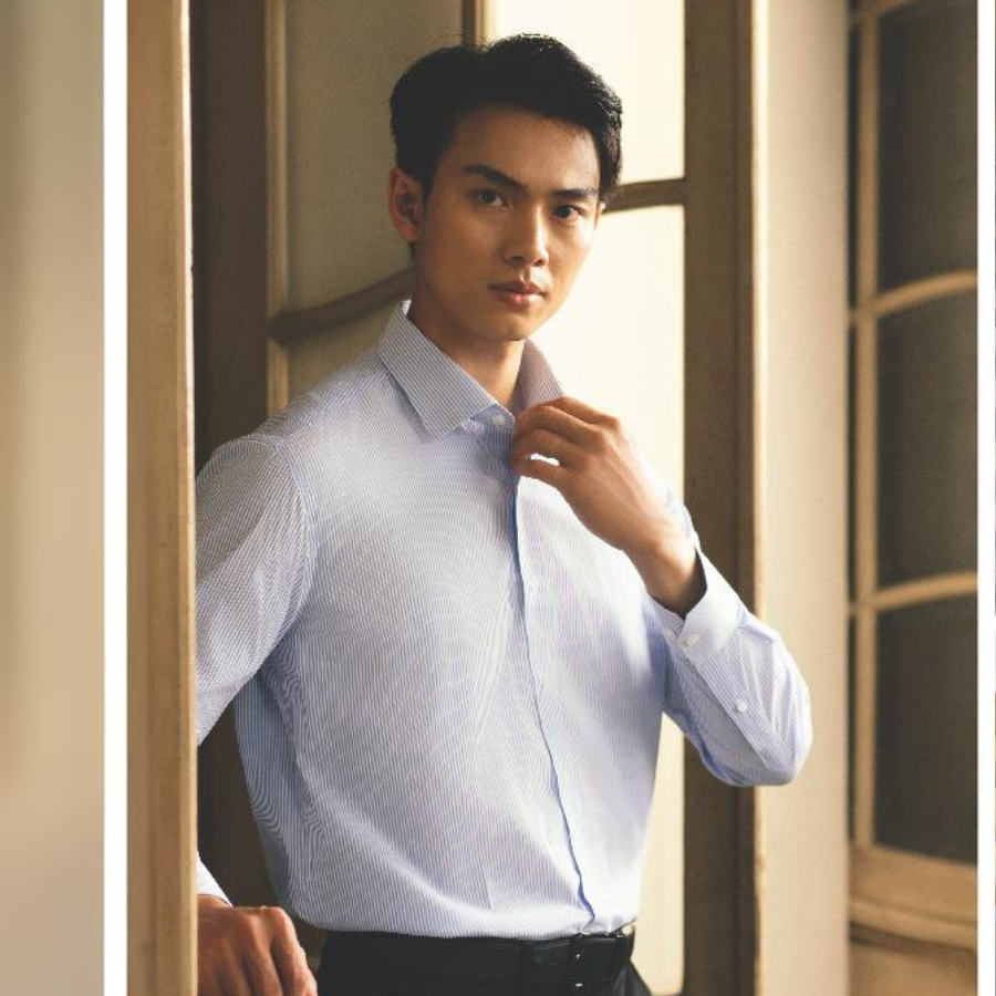 1C703 Áo Sơ Mi Nam Kẻ Sọc Tay Dài Màu Xanh Nhạt