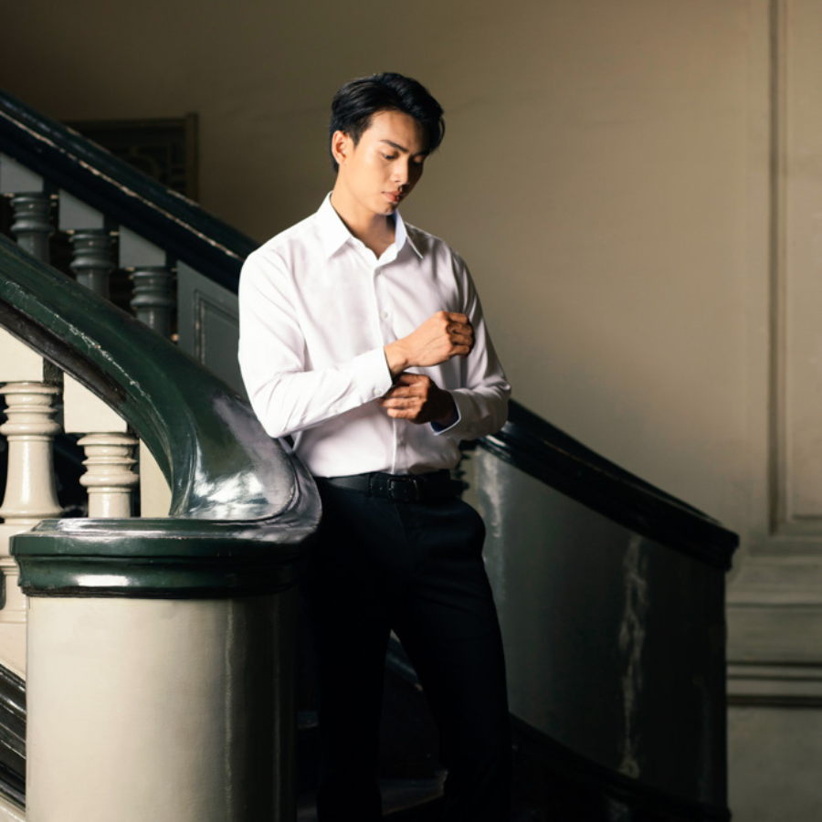 1C706 Áo Sơ Mi Nam Trơn Tay Dài Màu Trắng