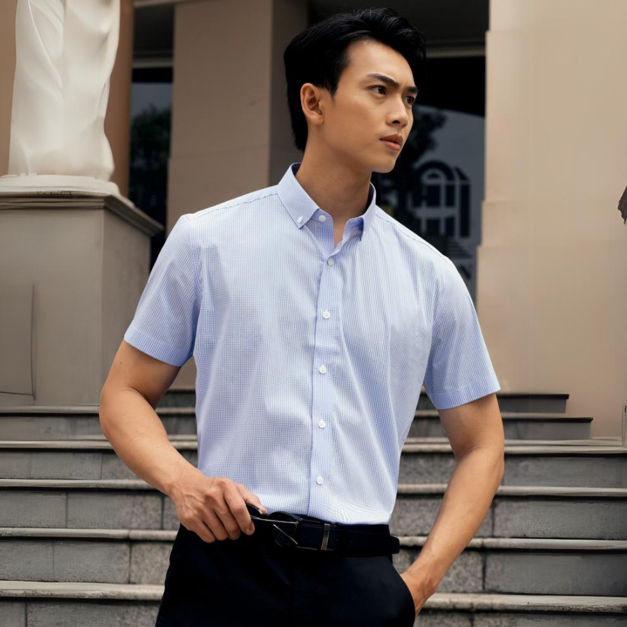 1C708 Áo Sơ Mi Nam Tay Ngắn Họa Tiết Caro Màu Xanh