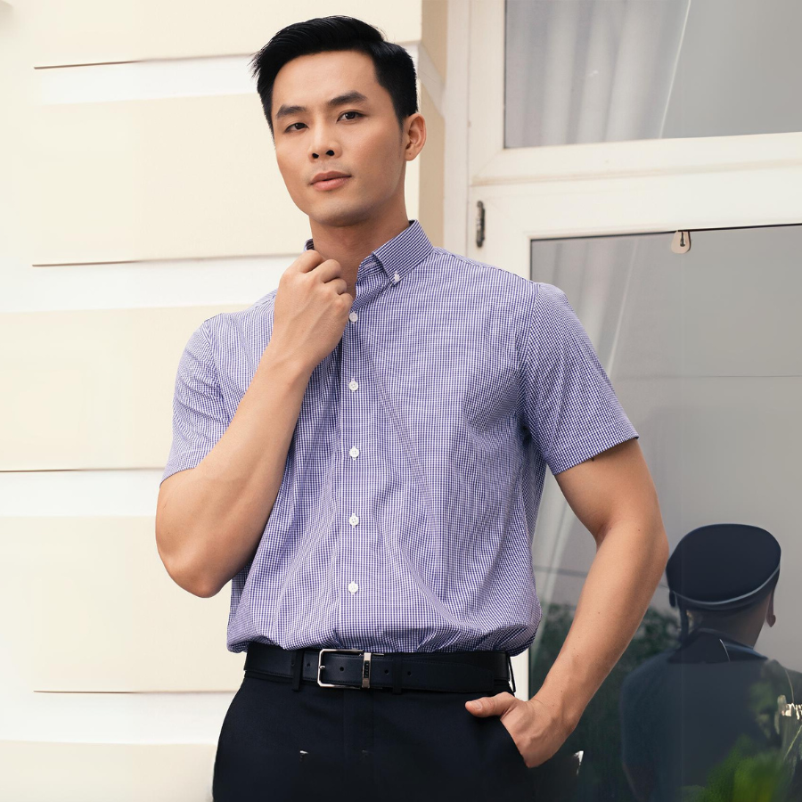 1C709 Áo Sơ Mi Nam Tay Ngắn Họa Tiết Caro Màu Xanh
