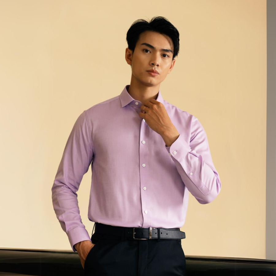 1C712 Áo Sơ Mi Nam Trơn Tay Dài Màu Hồng