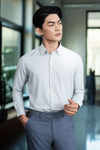 1C7925-018 Áo Sơ Mi Nam Sọc Xanh Rêu Dáng Regular Fit