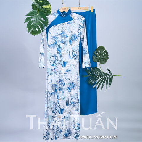 Áo Dài May Sẵn Màu Trắng Họa Tiết Hoa Lá Xanh 1W08A101