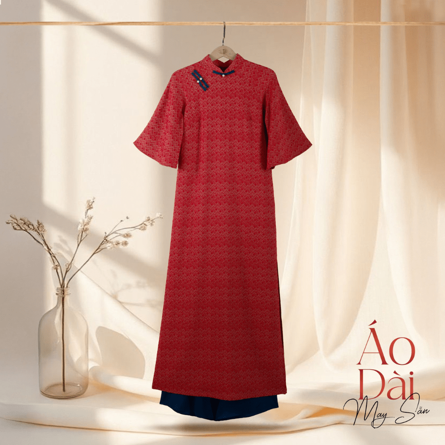 1W40B-041 Áo Dài May Sẵn Cao Cấp Màu Đỏ