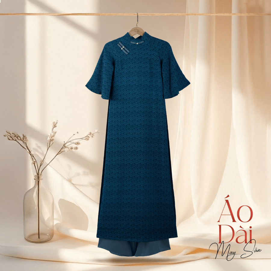 1W40B-056 Áo Dài May Sẵn Cao Cấp Màu Xanh
