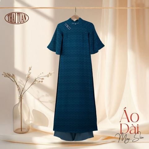 1W40B-056 Áo Dài May Sẵn Cao Cấp Màu Xanh