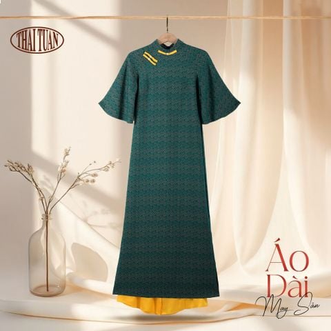 1W40B-057 Áo Dài May Sẵn Cao Cấp Màu Xanh