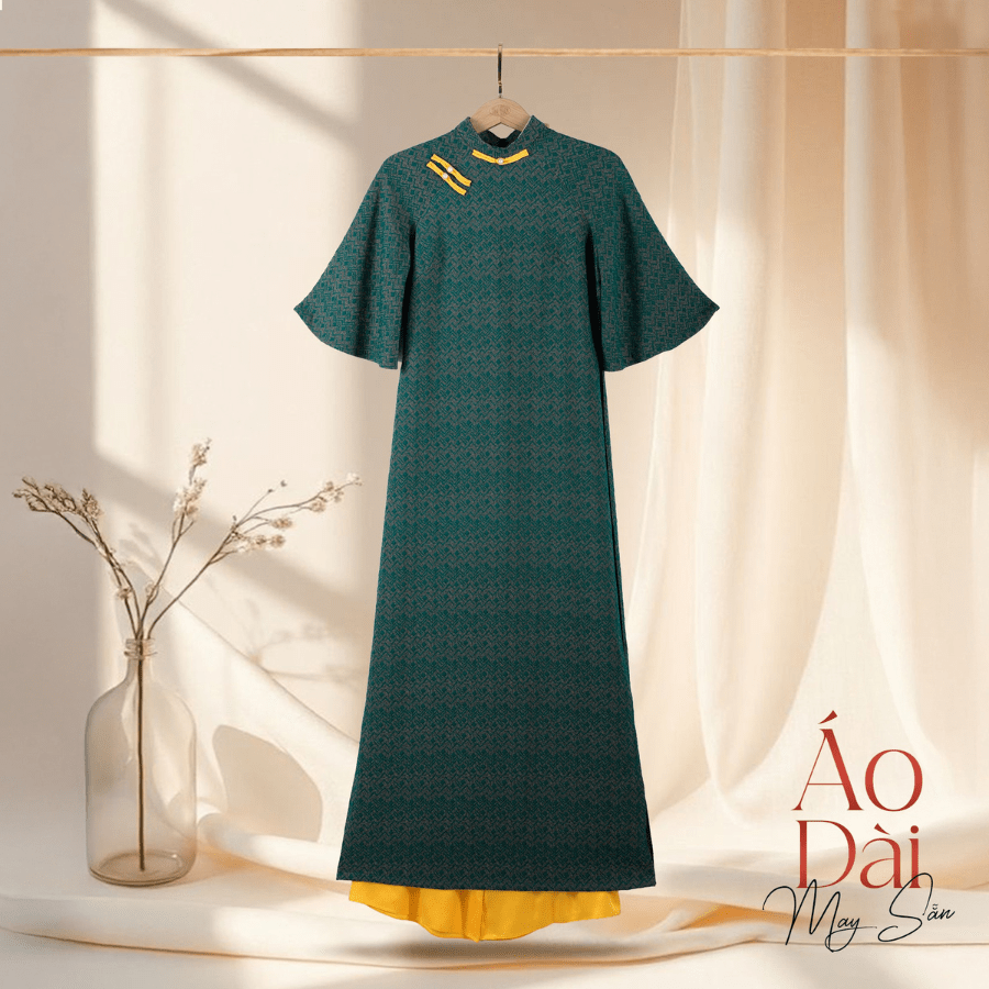 1W40B-057 Áo Dài May Sẵn Cao Cấp Màu Xanh