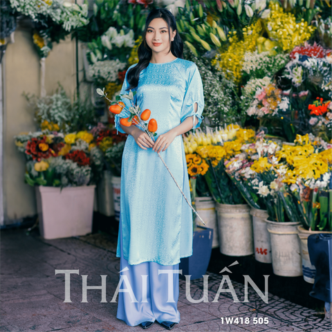 Áo Dài Gấm Hoa May Sẵn Màu Xanh 1W418505