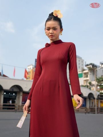 1W61AS032 Áo Dài May Sẵn Trơn Màu Đỏ Trầm
