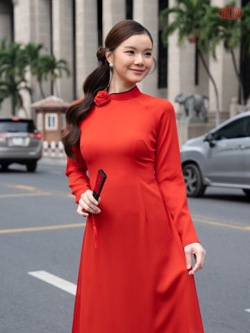 1W61A343 Áo Dài May Sẵn Trơn Màu Đỏ Cam