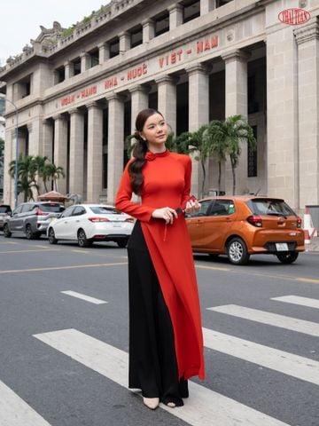 1W61A343 Áo Dài May Sẵn Trơn Màu Đỏ Cam