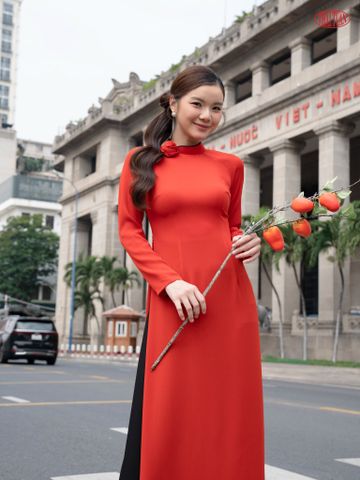 1W61A343 Áo Dài May Sẵn Trơn Màu Đỏ Cam