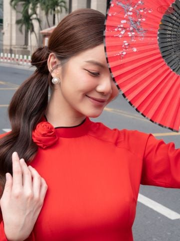 1W61A343 Áo Dài May Sẵn Trơn Màu Đỏ Cam