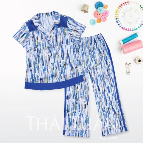 Đồ Bộ Dài Tay Ngắn Họa Tiết Hình Học Màu Xanh Dương 1Y40U205