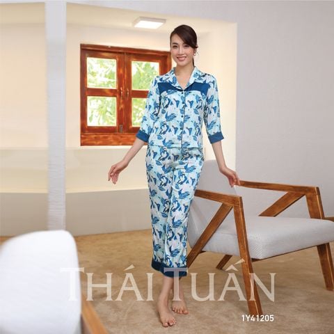 Đồ Bộ Dài Họa Tiết Hoa Lá Màu Xanh 1Y41U205