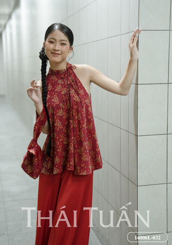14006L032 Set Áo Yếm Hoa May Sẵn Màu Đỏ