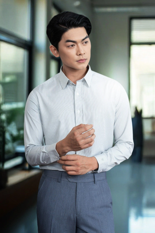 1C7925-018 Áo Sơ Mi Nam Sọc Xanh Rêu Dáng Regular Fit