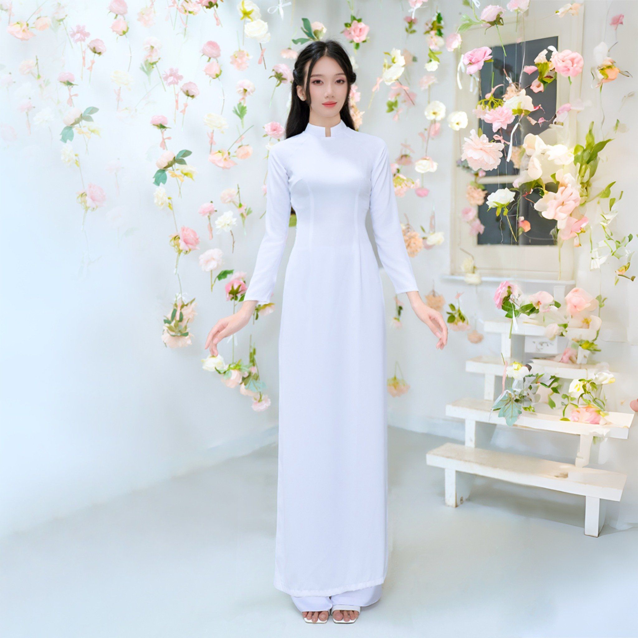1W04A101 Áo Dài Lencii Trơn May Sẵn Màu Trắng Sữa