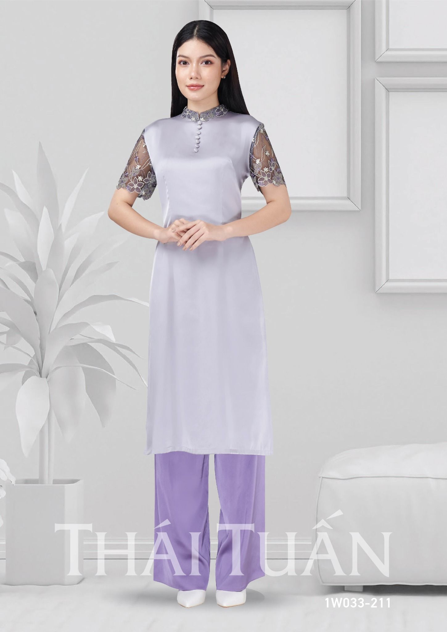 (MUA 2 - ĐỒNG GIÁ 300K/1 SP) - 1W033-211 Bộ Áo Dài May Sẵn Trơn Tay Ngắn Màu Tím Nhạt