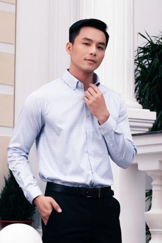 1C698 Áo Sơ Mi Nam Tay Dài Họa Tiết Chấm Bi Màu Xanh