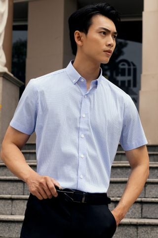 1C708 Áo Sơ Mi Nam Tay Ngắn Họa Tiết Caro Màu Xanh