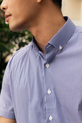 1C709 Áo Sơ Mi Nam Tay Ngắn Họa Tiết Caro Màu Xanh