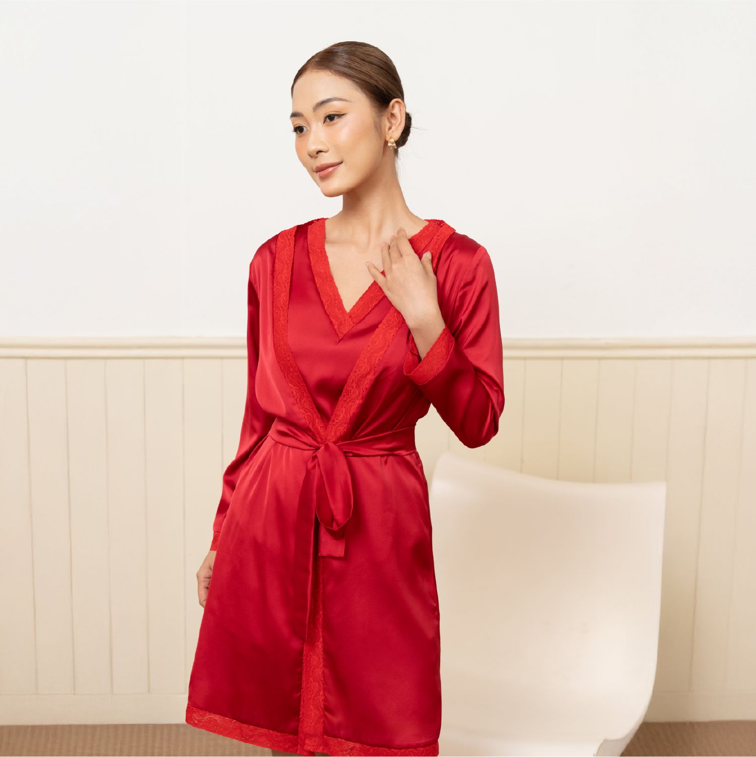 1J58A331 Kimono Cột Nơ Thắt Eo Viền Ren