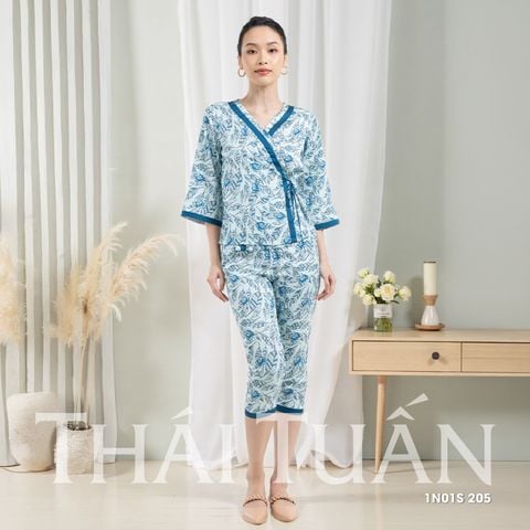 1N01S205 Đồ Bộ Nữ Tay Dài Kiểu Dáng Kimono Họa Tiết Hoa Lá
