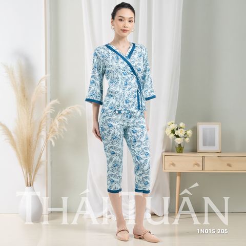 1N01S205 Đồ Bộ Nữ Tay Dài Kiểu Dáng Kimono Họa Tiết Hoa Lá