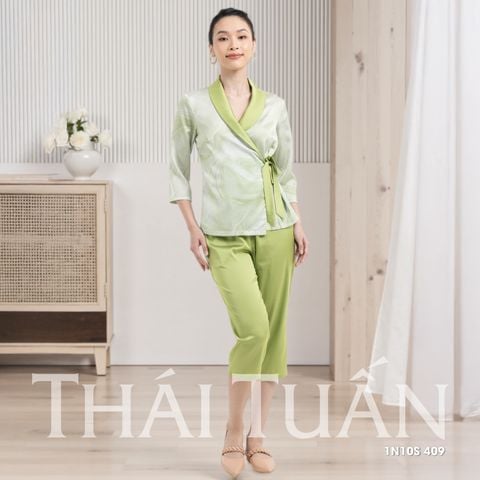 Đồ Bộ Nữ Tay Dài Kiểu Dáng Kimono Màu Xanh Lá 1N10S409