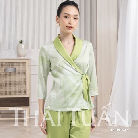 Đồ Bộ Nữ Tay Dài Kiểu Dáng Kimono Màu Xanh Lá 1N10S409