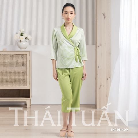 Đồ Bộ Nữ Tay Dài Kiểu Dáng Kimono Màu Xanh Lá 1N10S409