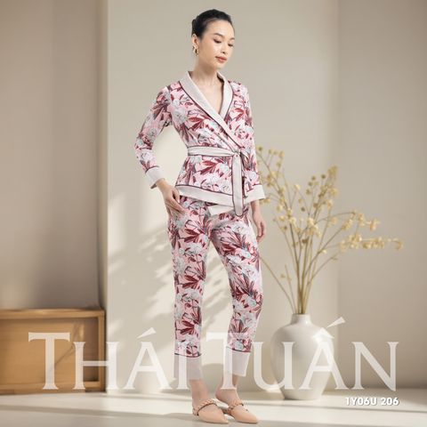 1Y06U026 Đồ Bộ Nữ Tay Dài Kiểu Dáng Kimono Họa Tiết Hoa Lá
