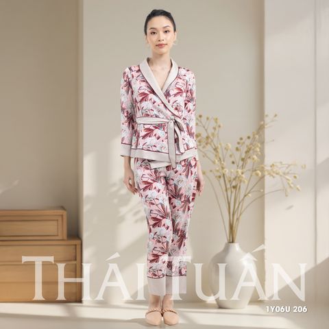 1Y06U026 Đồ Bộ Nữ Tay Dài Kiểu Dáng Kimono Họa Tiết Hoa Lá