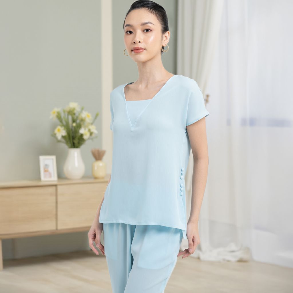 Đồ Bộ Nữ Tay Ngắn Quần Dài Vải Trơn Màu Xanh1Y28V