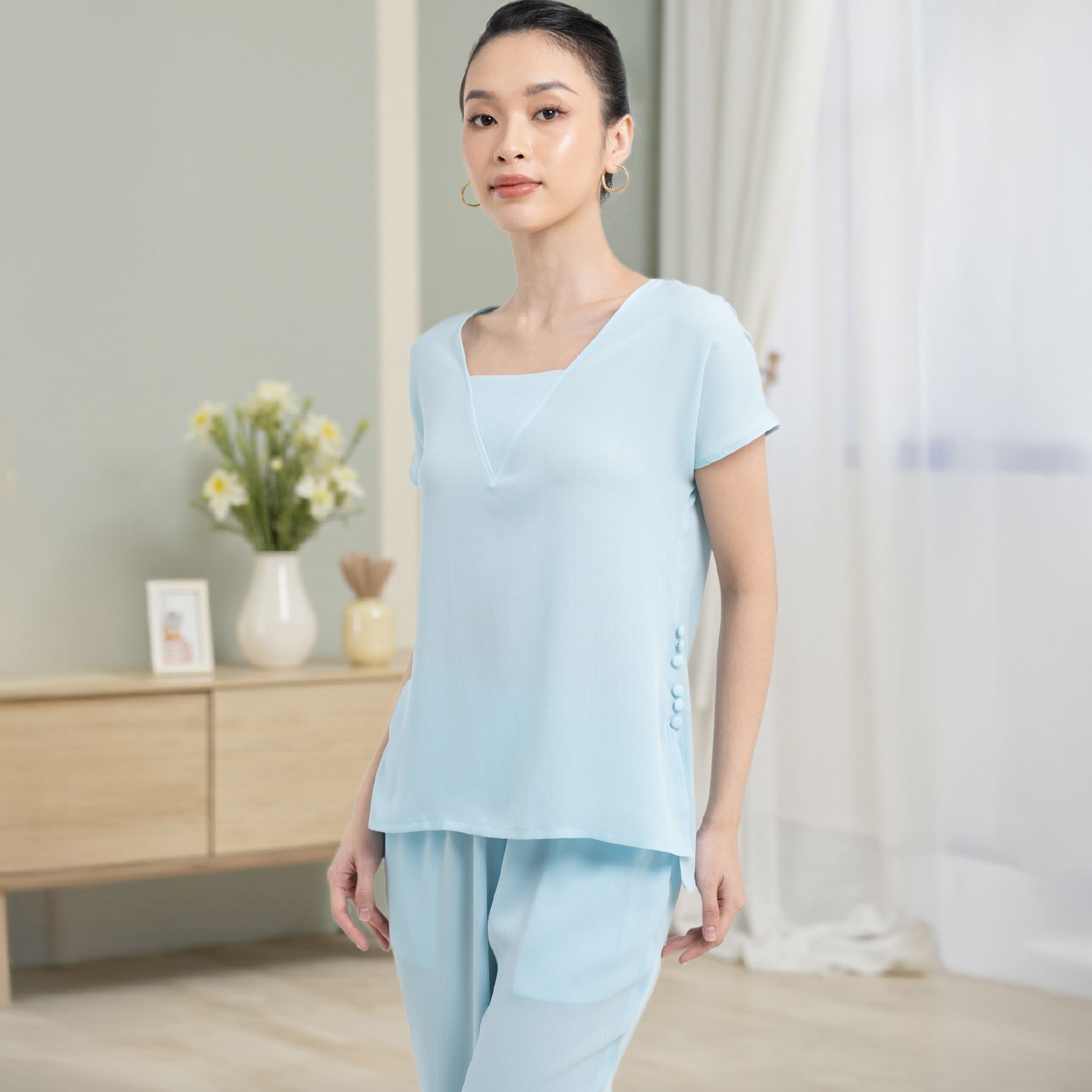1Y28V205 Đồ Bộ Nữ Tay Ngắn Quần Dài Vải Trơn