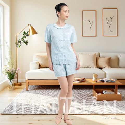 1I04T042 Đồ Bộ Nữ Tay Ngắn Cổ Bầu Kèm Họa Tiết