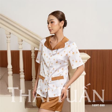 1I09T050 Đồ Bộ Nữ Tay Ngắn Cổ Bầu Họa Tiết
