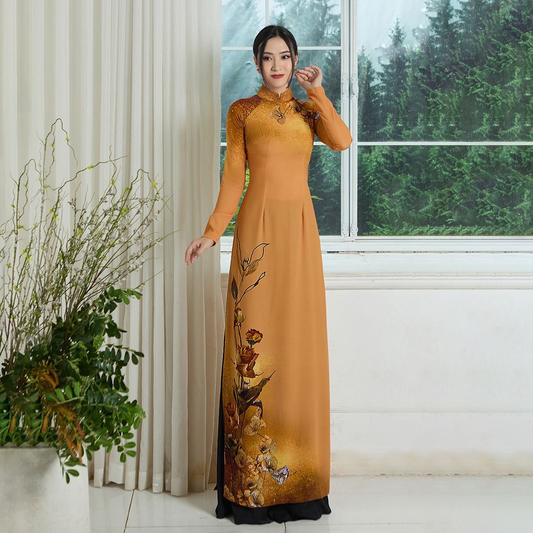 ASB6720078GU1 Vải Áo Dài Satin Hương Thơm Kháng Khuẩn Màu Vàng Đồng Phiên Bản Đính Đá Khổ 1m50 x Dài 2m3