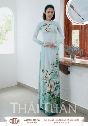 ASBR533005F4N Vải Áo Dài In Kháng Khuẩn Màu Trắng Họa Tiết Xanh Khổ 1m50 x Dài 2m1