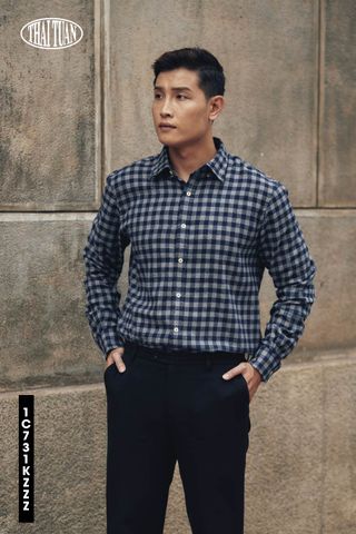 1C731K Áo Sơ Mi Nam Tay Dài Thái Tuấn Họa Tiết Màu Navy x Grey