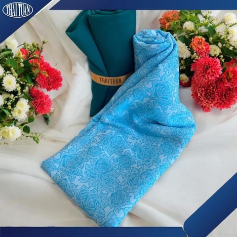 DVLN006205 Vải Gấm Hồng Mai Họa Tiết Màu Xanh Khổ 1m15 x 2m5