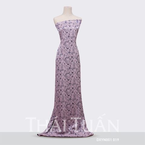 DXYN001019 Vải Áo Dài Gấm Thêu Hoa Lá Tím Ghi Khổ 1m15 x 2m5