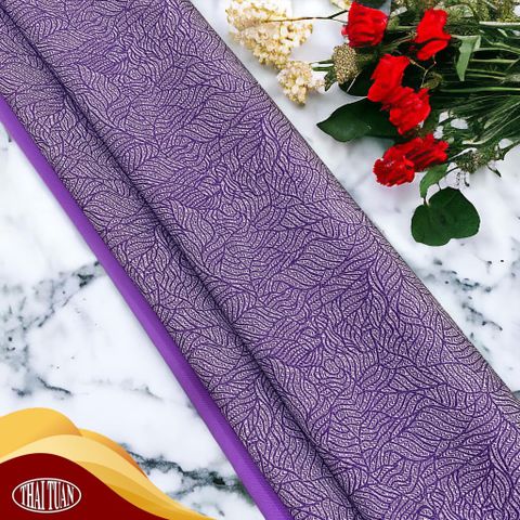 EHLN001014 Vải Gấm Hoa Lá Co Giãn Màu Tím Khổ 1m15